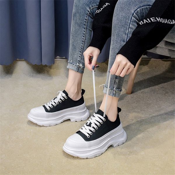 

jianbudan platform shoes women comfortable canvas shoes chunky sneakers women's height increasing fashion casual shoes 34-40 201109, Black