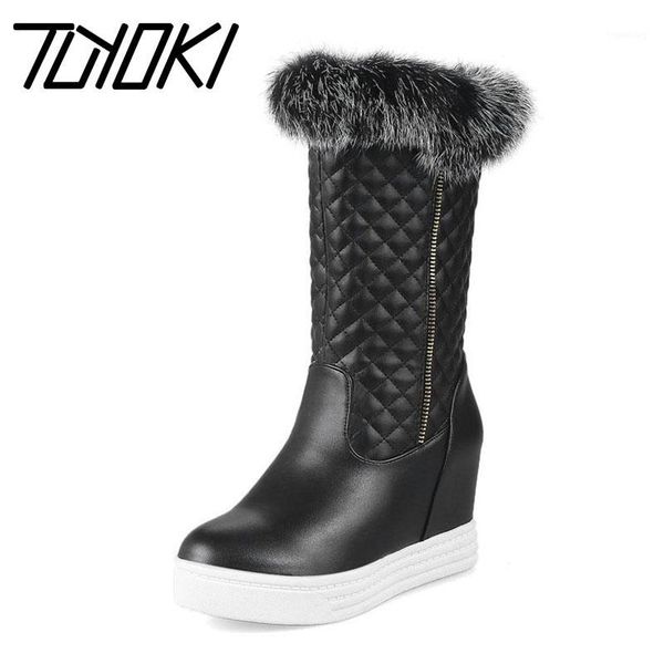 

boots tuyoki 4 colors thick bottom winter warm mid calf fur wedges outdoor casual shoes woman daily long size 34-441, Black