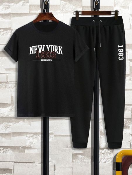 

men letter graphic tee & drawstring waist sweatpants j44b#, Gray