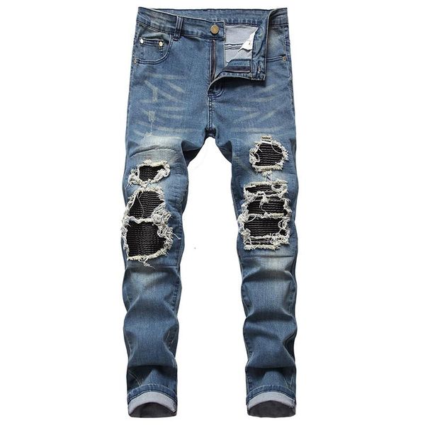 

men's jeans folding motorcycle stretch trousers high street torn men slim feet denim large size, Blue