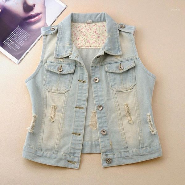 

women's vests spring denim vest sleevelessshort jacket women fashion print hole jeans coat female loose harajuku jacket1, Black;white