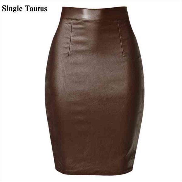 

high waist leather skirts women summer cotton coated denim saia feminina fashion push up knee-length brown faldas mujer, Black