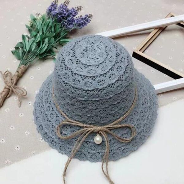 

wide brim hats korean lace pearl basin of parent-child cap spring summer brand women and girl straw hat 57cm 53cm, Blue;gray
