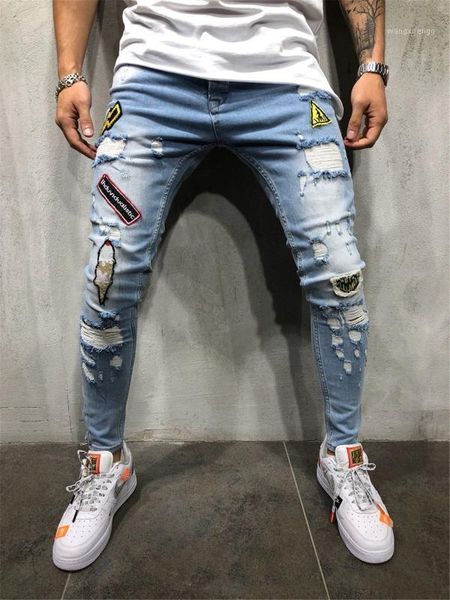 

cotton blend skinny hole ripped denim jeans for men hip hop slim fit streetwear patchwork badge distressed blue pencil pants1