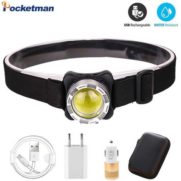 

cob led headlamp usb rechargeable headlight waterproof head torch white red lighting with built-in battery flash light