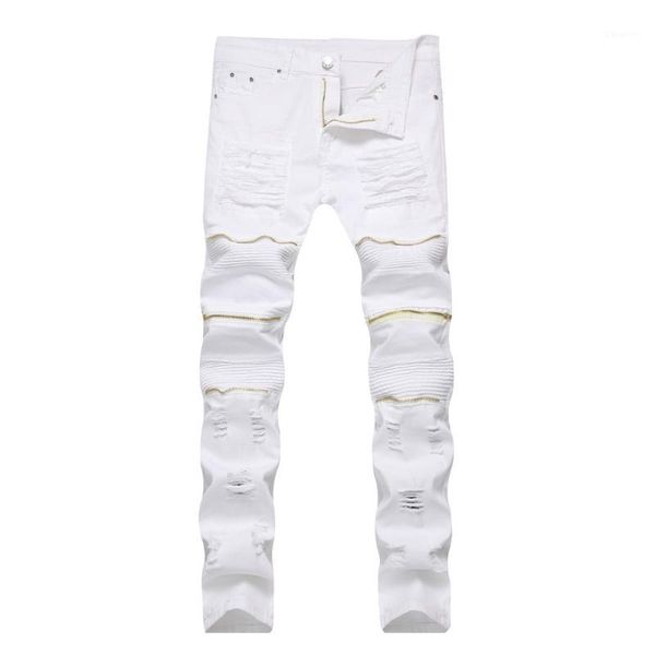 

2020 new men's jeans youth slim stretch pencil pants ripped zipper locomotive red and white trousers1, Blue