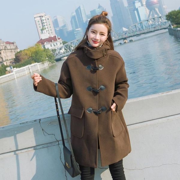 

casual fashion warm women long winter wool blend coat loose long wool coat and jacket solid pockets horn buckle outerwear1, Black