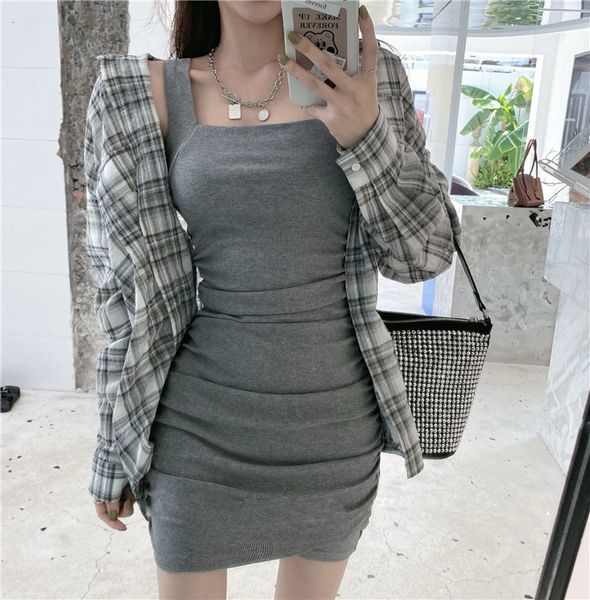 

autumn 2020 new loose plaid shirt + pleated hip waistcoat skirt 2-piece fashion suit for women