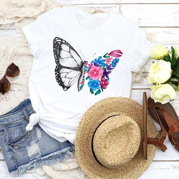 

women graphic floral butterfly sweet fashion cartoon 90s girl lady tees print t shirt clothing female shirt womens t-shirt, White
