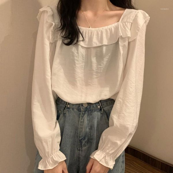 

women casual long sleeve blouses female petal sleeve shirt female square collar blouse1, White