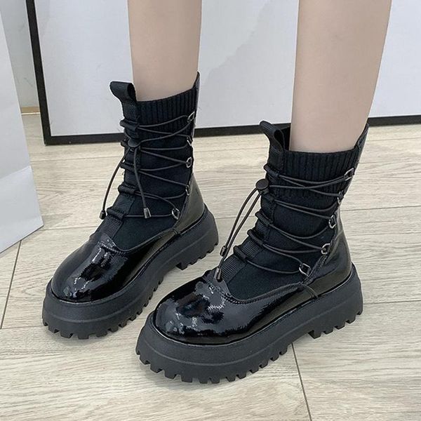 

rimocy fashion lace-up patent leather ankle boots women black patchwork motorcycle boots waterproof non-slip platform shoes