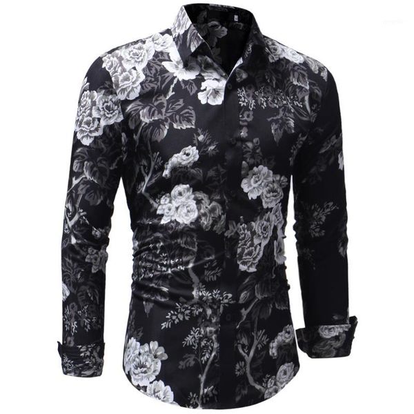 

2018 fashion brand mens long sleeve hawaiian shirt summer casual clothes floral shirts for men xxxl camisa masculina1, White;black