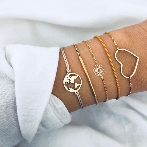 

fashion bohemian bracelets for women golden rose loving hollow heart rope chain female charm bracelet set jewelry gift, Golden;silver