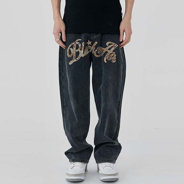

men jeans front letter embroidery ripped retro mens pants color match spliced straight washed casual couple denim trousers, Blue