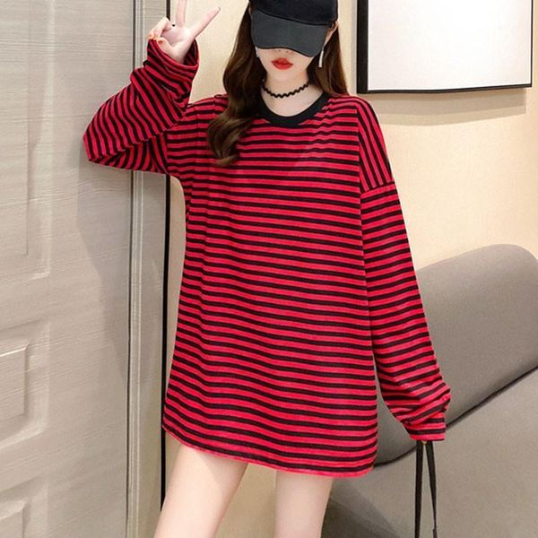 

autumn korean t-shirt women casual rainbow striped t-shirts female long sleeve loose tee 1, White