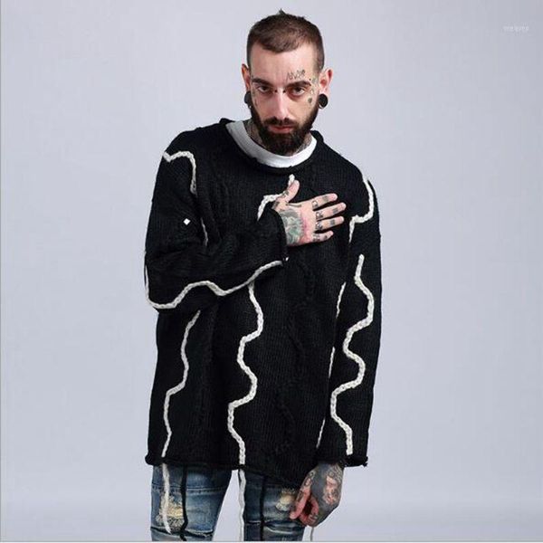 

2018 winter new european and american tide brand suede stitching sweater men loose round neck pullover sweater1, White;black