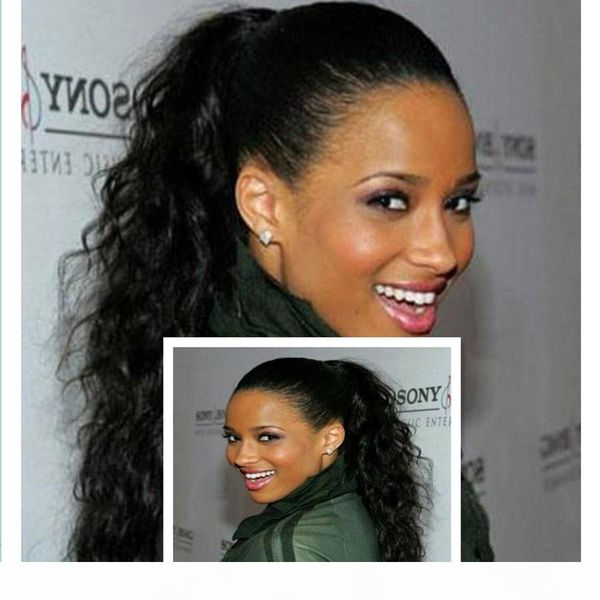

ciara's multi color long curly human hair ponytail with clip hair extension 140g ,styling natural drawstring pony tail hairpiece, Black