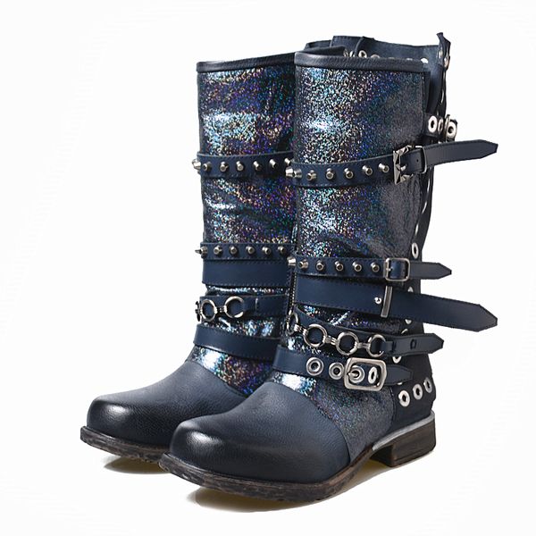 

zapatos de mujer 2020 shoes woman leather mid-calf boots mixed color metal decor belt buckle motorcycle boots zip botas mujer, Black