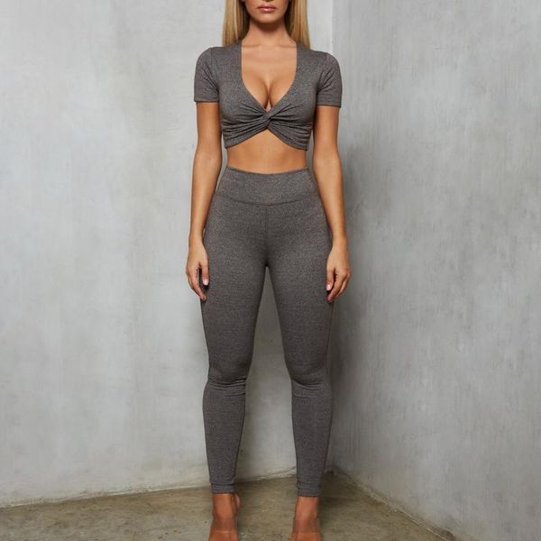 

two-piece women fitness clothing v-neck short sleeve sportswear vest pants suits crop skinny buttocks legging tracksuit 2021, Black;blue