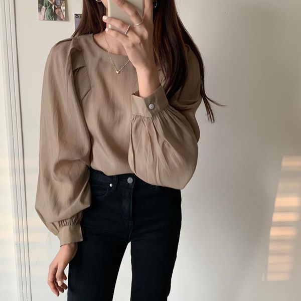 

autumn blouse sweet office ladies o neck puff sleeve full sleeved simple loose solid shirts drop shipping, White