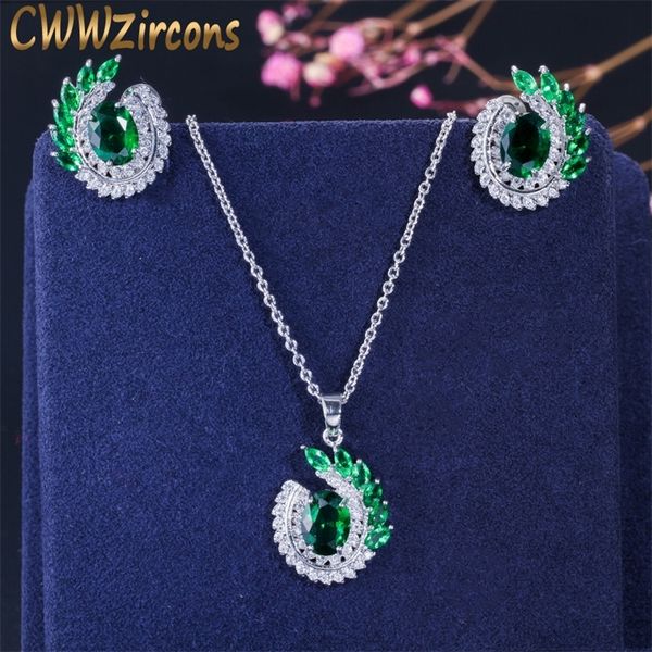 

cwwzircons classic leaf shape green cubic zirconia trendy pendant necklace and earring jewelry sets for ladies fashion gift t055 201222, Slivery;crystal