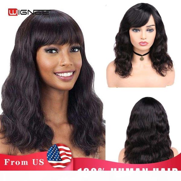 

wignee natural wave with bangs for women remy brazilian hair 150% density glueless wavy human wigs no lace, Black;brown