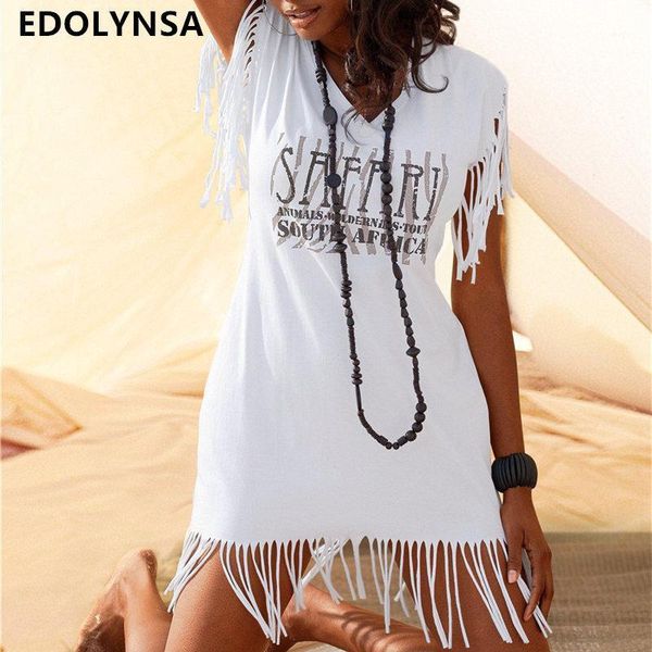 

women summer dress 2020 vetement femme swish fringed safari printed short sleeve white cotton tunic beach wear blouse dress n6591, Black;gray