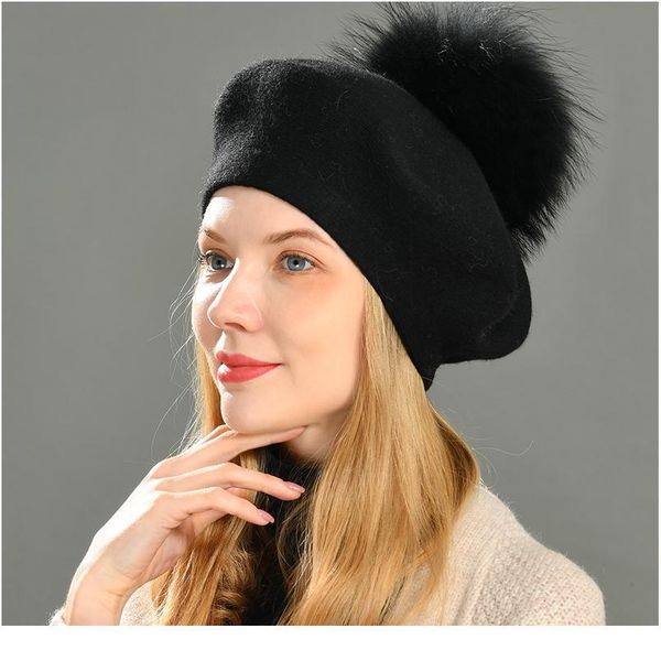 

women berets hat winter female casual knitted wool berets with natural raccoon fur pom pom spring ladies solid color be jllsuy, White