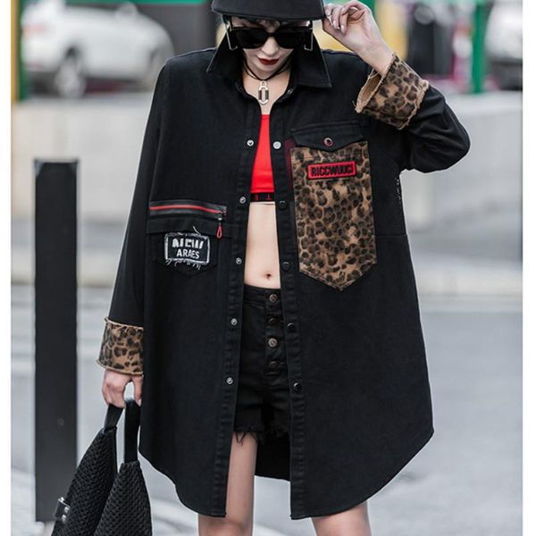 

punk leopard patch clothes fashion korean ladies denim trench coats womens pattern oversized vintage windbreakers sa570s50, Tan;black