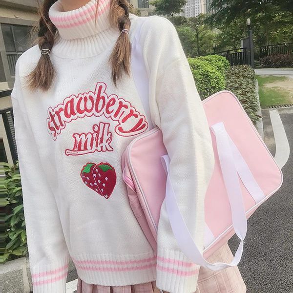 

womens sweaters japanese kawaii ulzzang cute strawberry loose turtleneck sweater female korean harajuku clothing for women, White;black