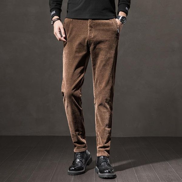 

men casual pants korean new style elastic corduroy autumn winter stretch slim fit solid color straight trend fashion trousers, Black