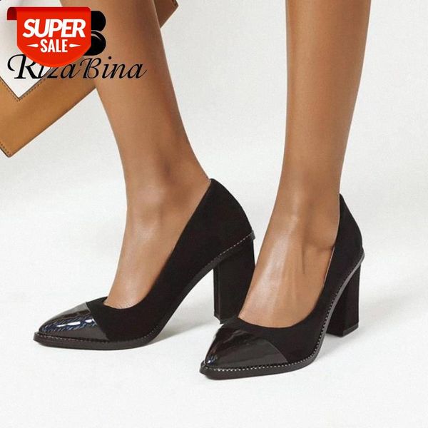 

rizabina size 32-47 fashion pumps shoes patchwork mixed color shoes women pointed toe thick heels office work lady footwear #v81w