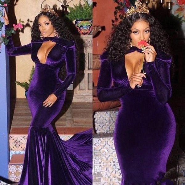 

purple velour mermaid evening dresses v-neck simple new arrival saudi arabic special occasion party prom gowns plus size, Black;red