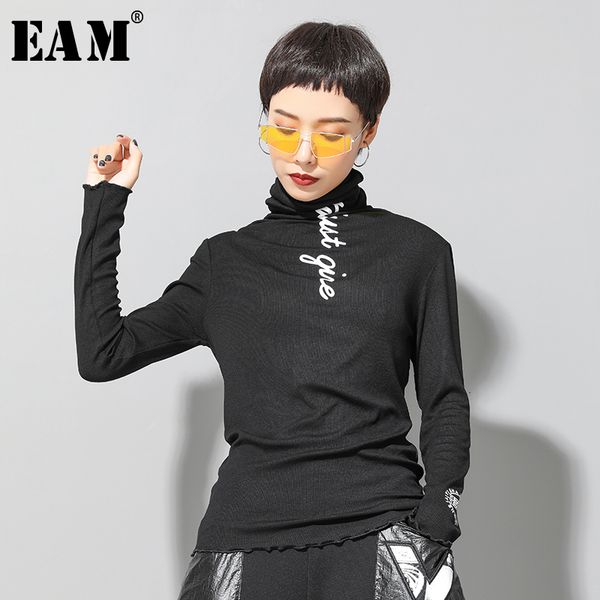 

[eam] women letter printed brief temperament t-shirt new high collar long sleeve fashion tide spring autumn 1h109 201125, White