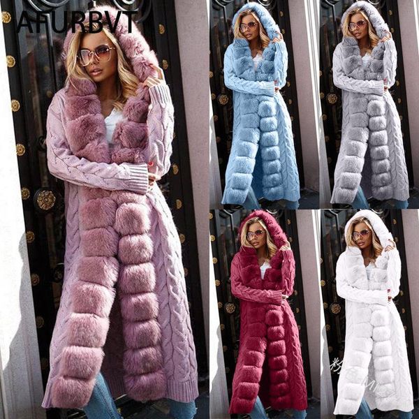 

women's fur & faux oversized coat women long warm jacket hoodies patchwork knitted sweater winter outwear casaco feminino, Black