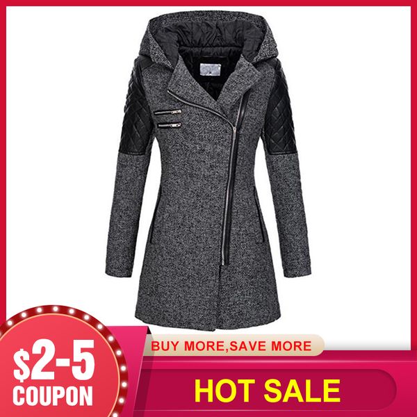 

women winter hooded coat autumn zipper slim outerwear spring fashion patchwork black fashion female warm windproof overcoats 1014