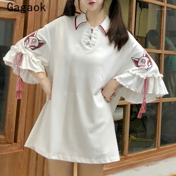 

women's t-shirt gagaok fashion ladies long 2021 summer tee retro buckle lapel loose cartoon embroidery lotus leaf sleeves pullover1, White