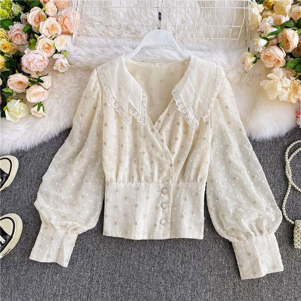 

2021 new fashion women's clothing autumn v-neck full women blouses shirts shirt, White