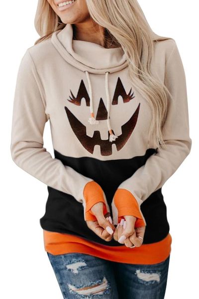 

2020 зима длинного рукава свитера женщины хэллоуин мультфильм шаблон цветовой контраста высокий воротник пуловер для универсального тонких, Black