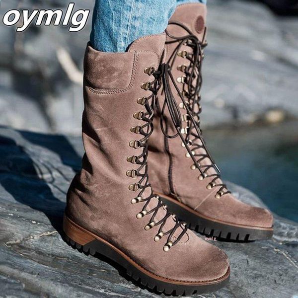 

boots women's mid-calf retro lace-up punk round toe outdoor winter snow platform side zipper non-slip ladies, Black