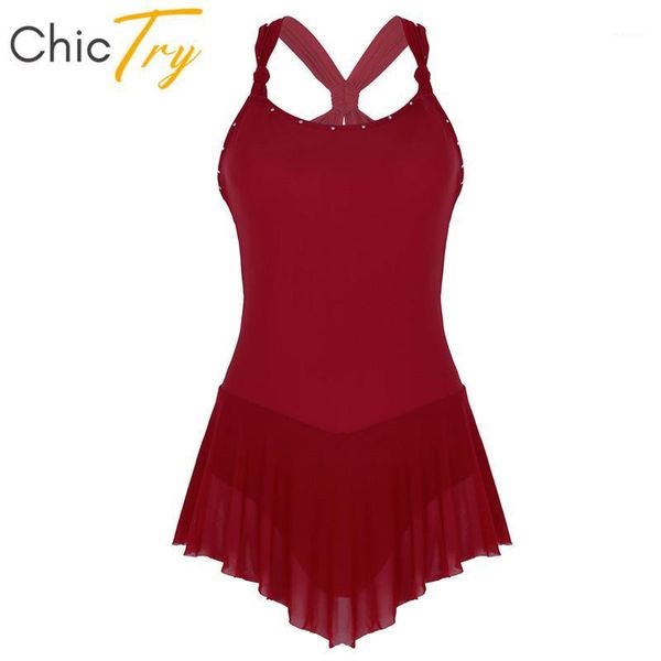 

chictry sleeveless criss-cross back shiny rhinestones dance wear gymnastics leotards women ballet dress figure skating costume1, Black;red