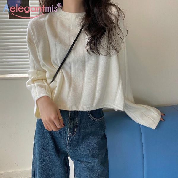 

women's sweaters aelegantmis loose knitted sweater women vintage casual soft o neck pullover ribbed white jumpers 4 colors korean pink, White;black