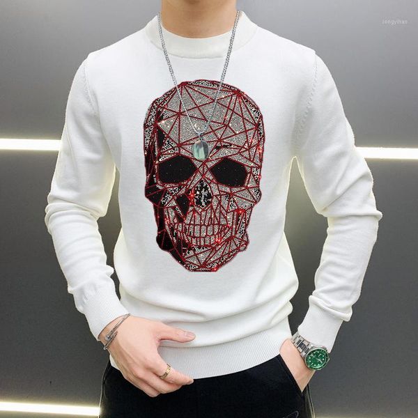 

usa winter men's sweater slim rhinestone 3d skull style autumn street brand thick pullover 5xl1, White;black