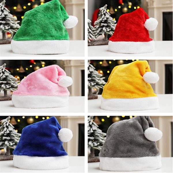 

red plush santa claus cap adults father christmas pom beanies hat solid colors fleece short fur hats velour party costume gifts ly10291