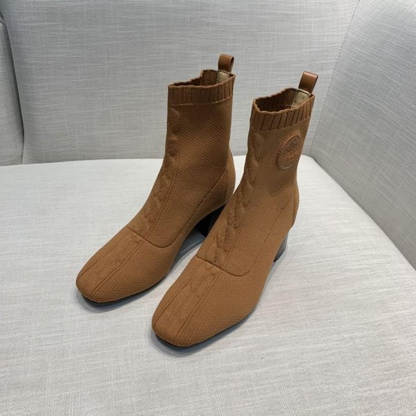 

designer womens boots camel apricot stitching round plastic word decoration knitted stretch yarn round head middle heel with b, Black