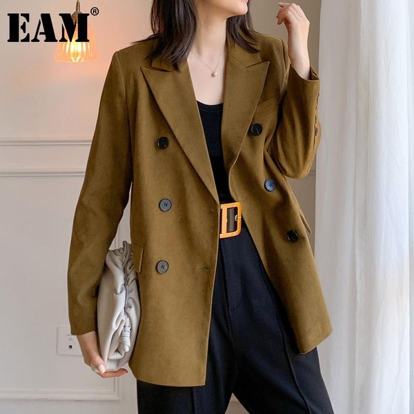 

eam] women yellow corduroy brief big size blazer new lapel long sleeve loose fit jacket fashion tide spring autumn 2021, White;black