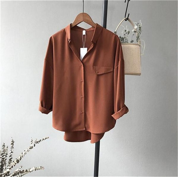 

women's casual loose brown blouses 2020 spring solid color long sleeve shirts blouse shirt chiffon blouse shirt high quality, White