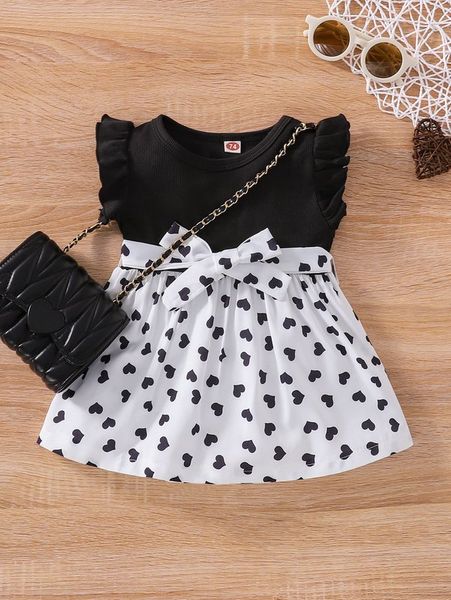 

baby heart print flutter sleeve belted dress she, Red;yellow