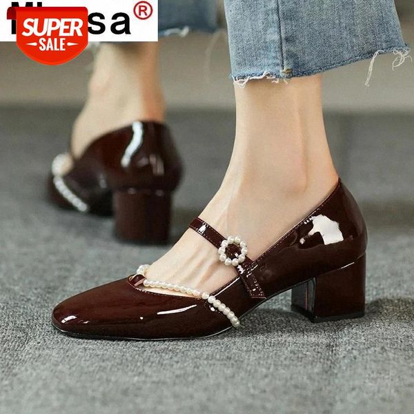 

spring new pearl woman shoes elegant round toe square heel fashion woman high heels casual comfortable walking pu shoes #mt5a, Black