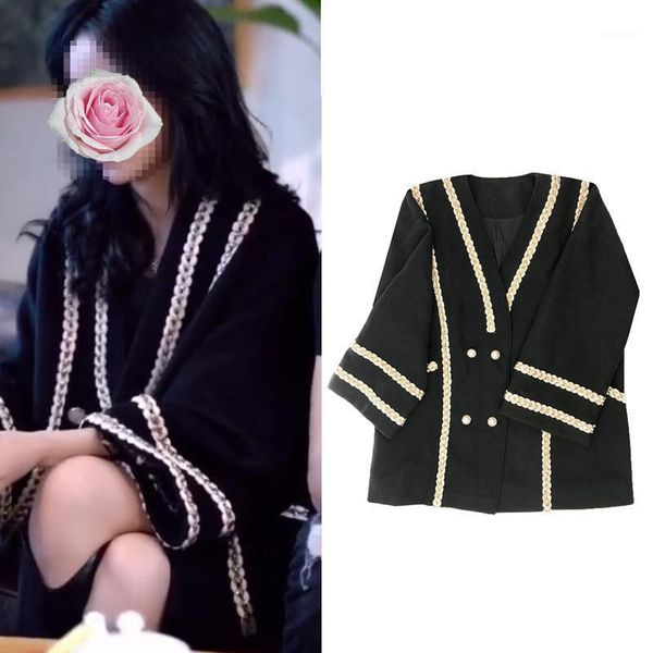 

new winter a lazy cat trill double-breasted with black cotton cord lace long sleeve small sweet wind cloth coat dress1